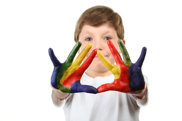 Boy with paints on hands — Stock Photo, Image