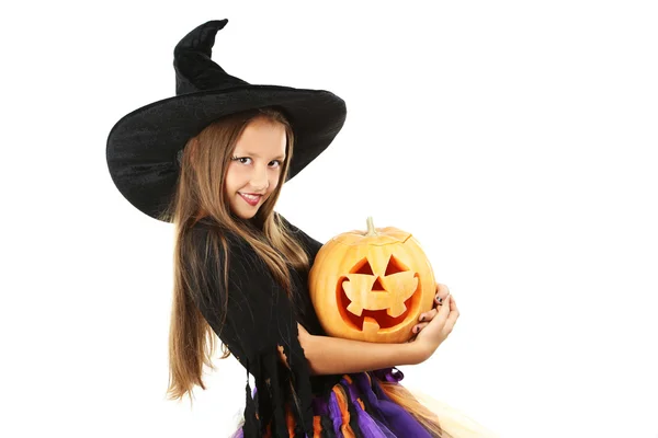 Hermosa chica bruja con calabaza —  Fotos de Stock