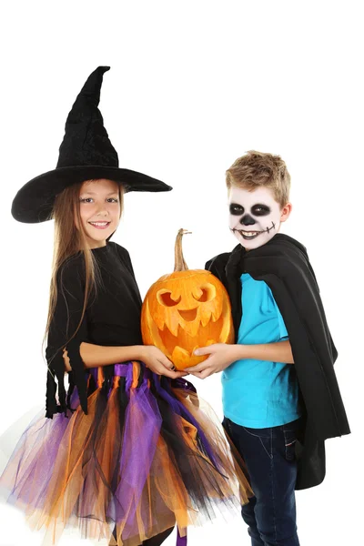 Chica bruja y pequeño niño con calabaza —  Fotos de Stock