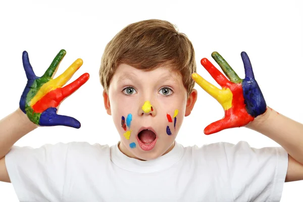 Portrait of beautiful little boy with paints on hands isolated o — Stock Photo, Image