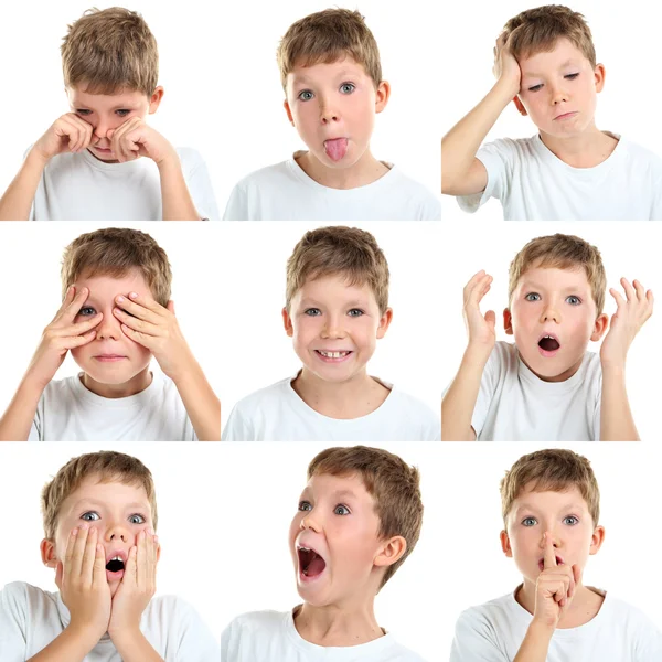 Collage de niño emocional sobre fondo blanco — Foto de Stock