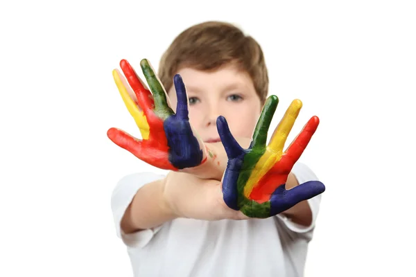 Boy with paints on hands — Stock Photo, Image