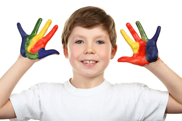 Little boy with paints on hands — Stock Photo, Image