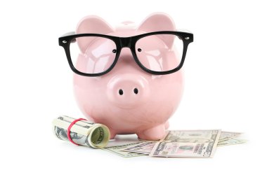 Gözlük ve dolar ile pembe piggy banka