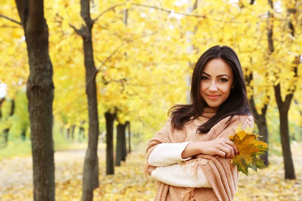 Meisje in herfst park met bladeren — Stockfoto