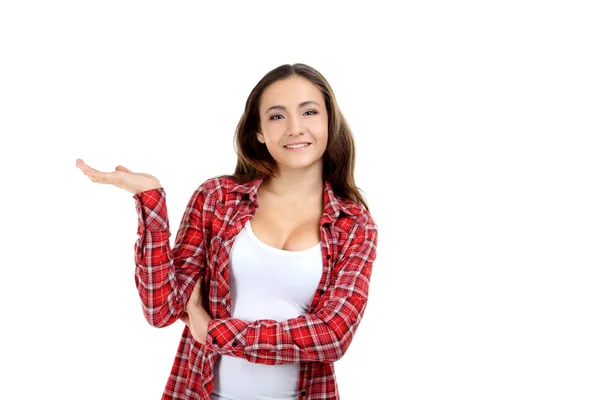 Menina segurando espaço cópia — Fotografia de Stock