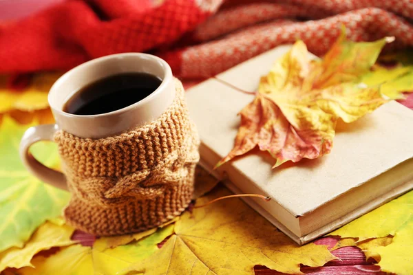 Autumn leaves with cup of coffee and book — Stock Photo, Image