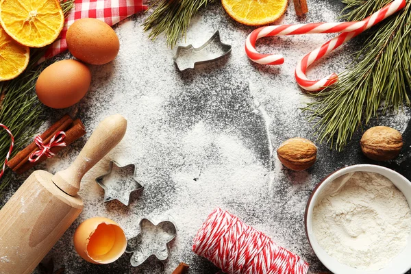 Dried oranges, cinnamon, eggs, flour and  star anise — Stock Photo, Image