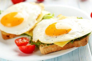 Kızarmış yumurta ile tost plaka üzerinde