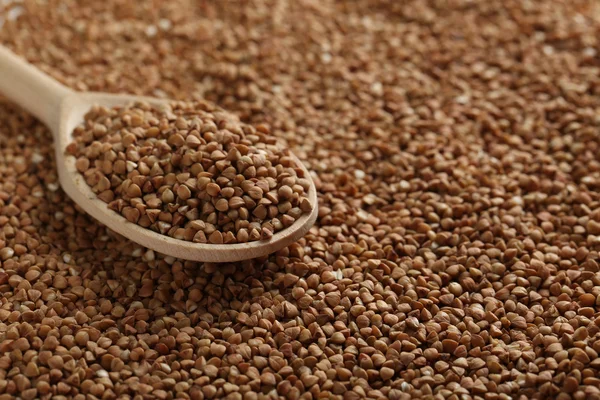 Buckwheat seeds in wooden spoon — Stock Photo, Image