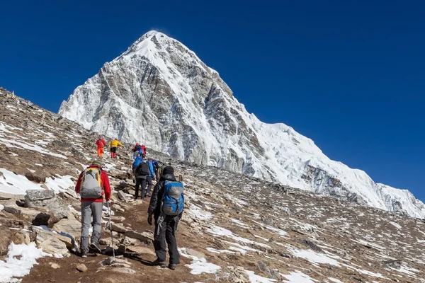 Grupo de excursionistas acercándose a Kala Patthar - el punto de vista del monte Everest - con el pico Pumori en el fondo . — Foto de Stock