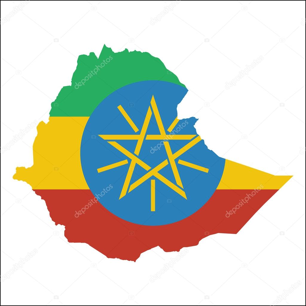 Ethiopia high resolution map with national flag. Flag of the country overlaid on detailed outline map isolated on white background.