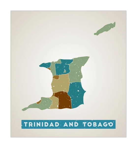 Trinidad och Tobago karta Land affisch med regioner Gamla grunge konsistens Form av Trinidad och — Stock vektor