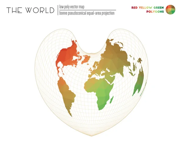 Mapa poligonal del mundo Bonne pseudocónica igual superficie proyección del mundo Rojo Amarillo Verde — Vector de stock