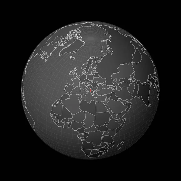 Dark globe centered to Albania Paese evidenziato con il colore rosso sulla mappa del mondo Satellite world — Vettoriale Stock