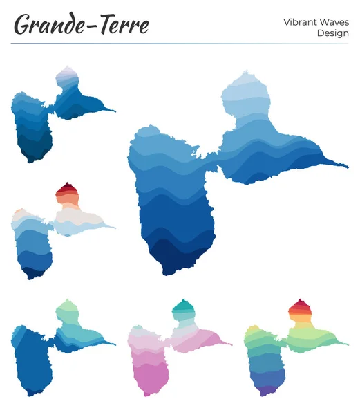 Conjunto de mapas vectoriales de GrandeTerre Diseño de ondas vibrantes Mapa brillante de la isla en geometría lisa — Archivo Imágenes Vectoriales