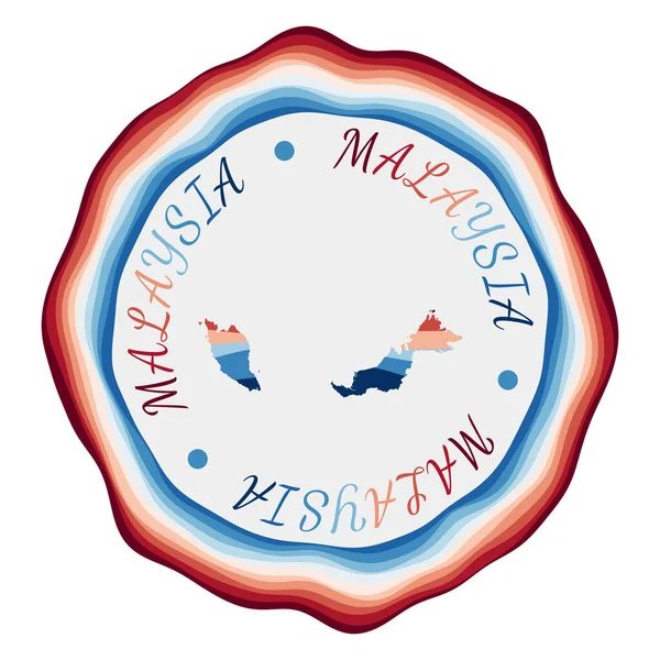 Malaysia badge Map країни з красивими геометричними хвилями і яскравою червоною синьою рамою Vivid — стоковий вектор
