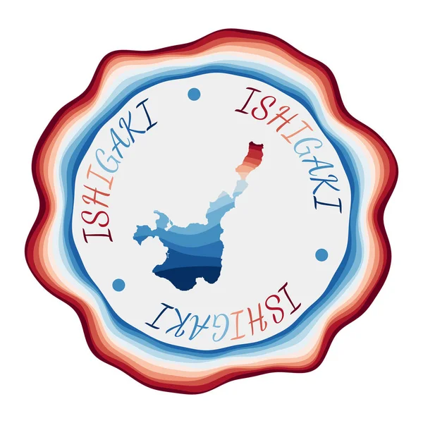 Ishigaki insignia Mapa de la isla con hermosas olas geométricas y vibrante marco rojo azul Vivid — Vector de stock