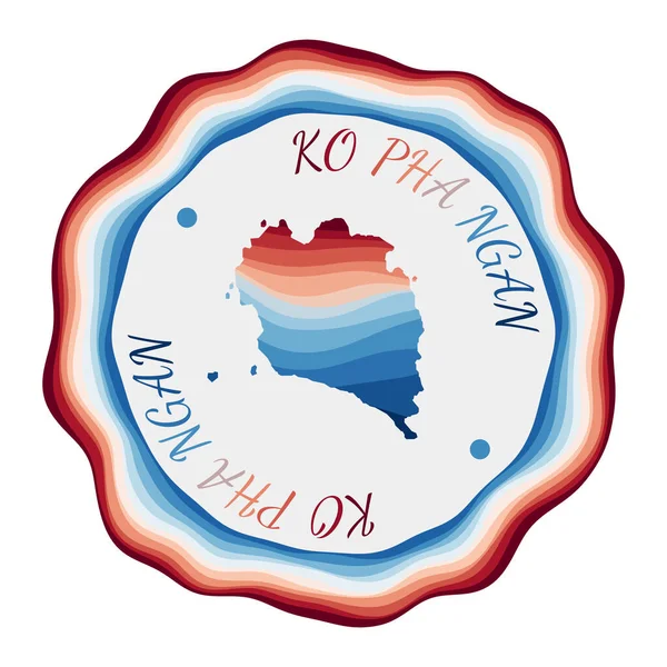 Insignia de Ko Pha Ngan Mapa de la isla con hermosas olas geométricas y vibrante marco azul rojo — Vector de stock