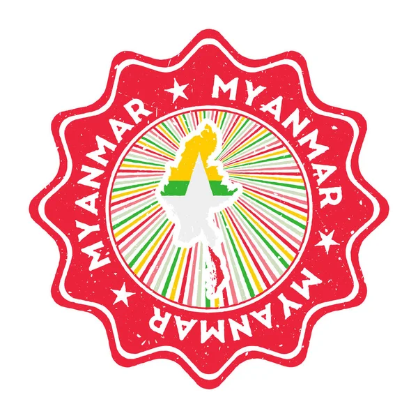 缅甸圆格子邮票，附有国家地图和印有圆形文字的国徽和国旗 — 图库矢量图片
