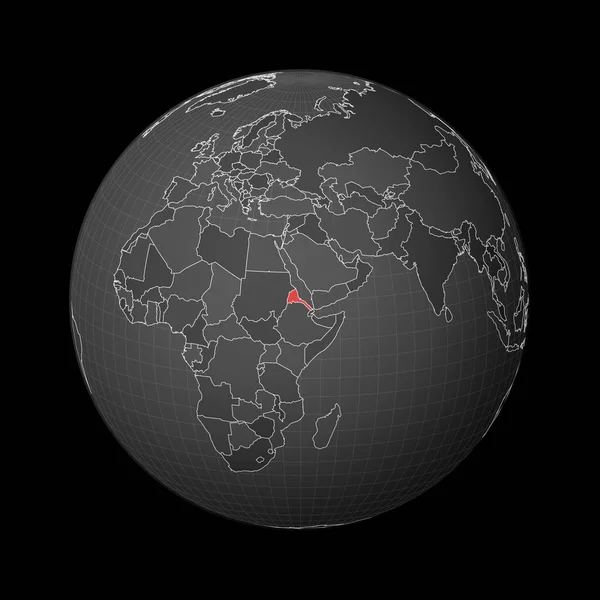 Dünya haritasında kırmızı renkle işaretlenmiş Eritre Ülkesi 'ne odaklı karanlık dünya uydusu. — Stok Vektör