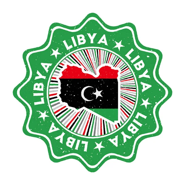 Libia timbro grunge rotondo con mappa del paese e bandiera del paese Badge vintage con testo circolare e — Vettoriale Stock