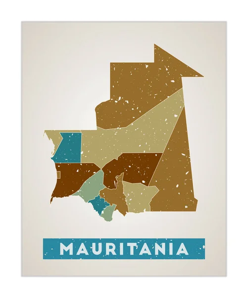 Mauritânia mapa País cartaz com regiões Velha textura grunge Forma da Mauritânia com país — Vetor de Stock