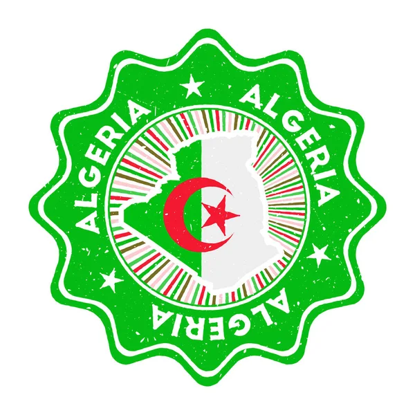 阿尔及利亚圆形纹图章，附有国家地图和印有圆形文字和国旗的复古徽章； — 图库矢量图片