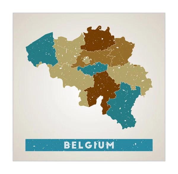 Belgien karta Land affisch med regioner Gamla grunge textur Form av Belgien med landsnamn — Stock vektor