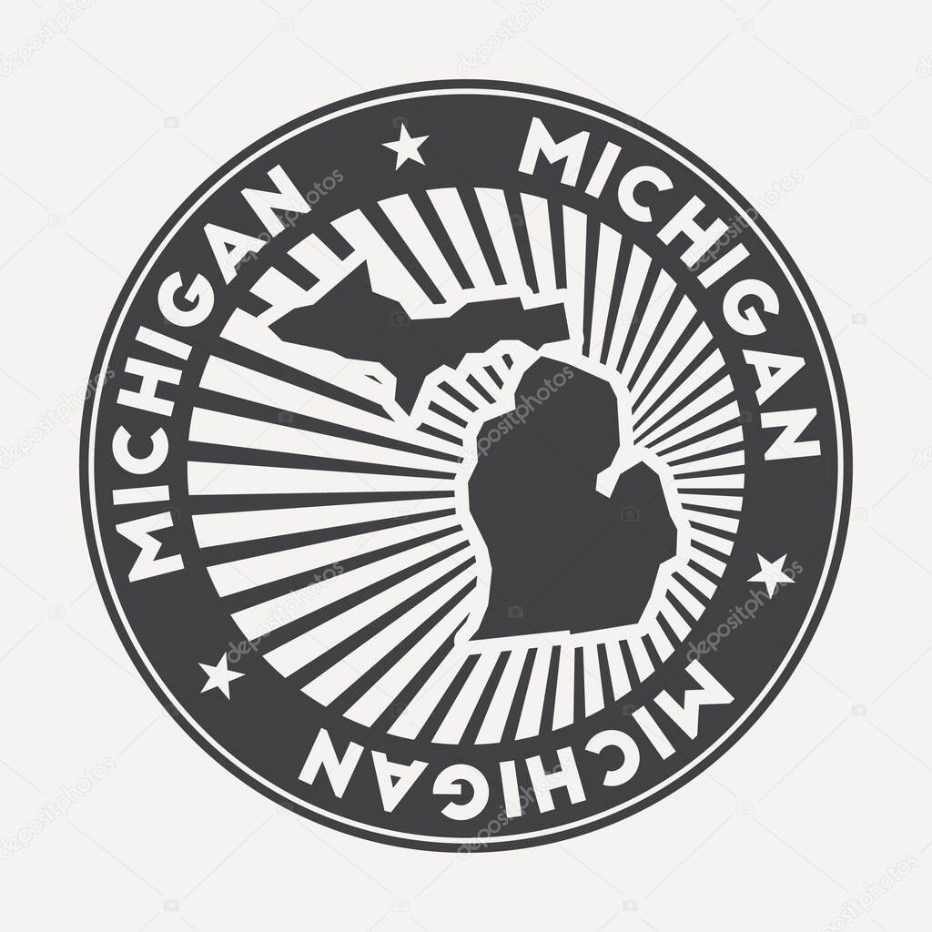 Michigan round logo. Vintage travel badge with the circular name and map of us state, vector illustration. Can be used as insignia, logotype, label, sticker or badge of the Michigan.