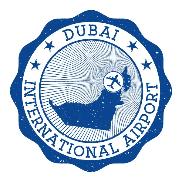 Dubai International Airport carimbo Aeroporto de Dubai logotipo redondo com localização no mapa dos Emirados Árabes Unidos marcado por —  Vetores de Stock