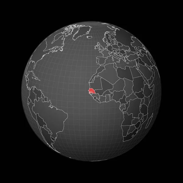 Tmavá koule se středem do Senegalu Země zvýrazněná červenou barvou na mapě světa Satelitní svět — Stockový vektor