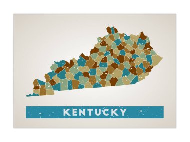 Kentucky Haritası. Bölgeli eyalet posteri. Kentucky 'nin eski grunge desenli şekli bizimle.