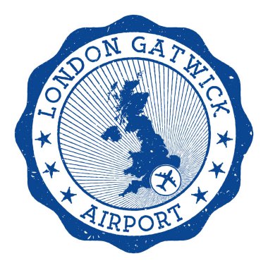 Londra Gatwick Havaalanı damgalı Londra havalimanı yuvarlak logosu Birleşik Krallık haritasında yer almaktadır.