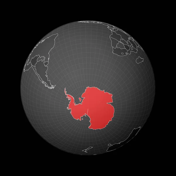 Donkere bol gecentreerd op Antarctica Land gemarkeerd met rode kleur op wereldkaart Satellietwereld — Stockvector