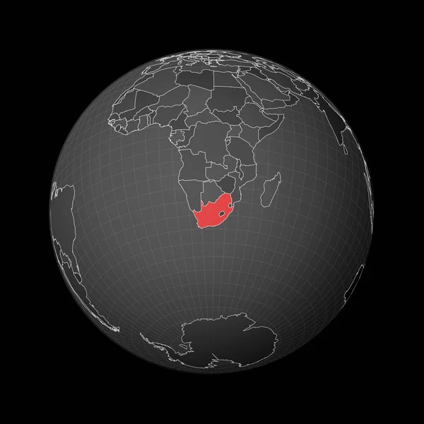 Dark globe centered to South Africa Country highlighted with red color on world map Satellite — Stock Vector