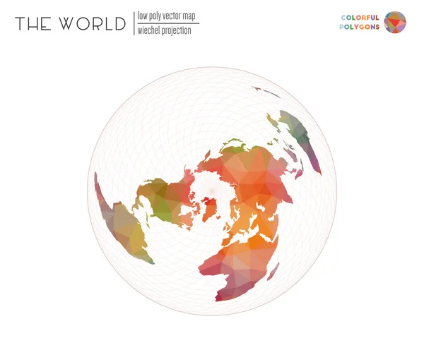 Polygonale wereldkaart Wiechel projectie van de wereld Kleurrijke gekleurde polygonen Elegante vector — Stockvector