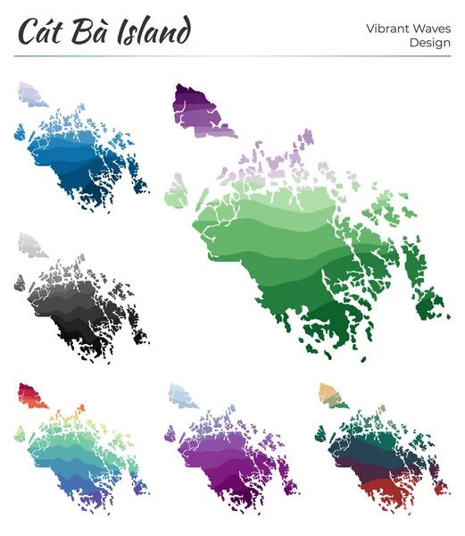 Набор векторных карт дизайна вибрационных волн острова Кэт Ба Яркая карта острова в геометрической гладкости — стоковый вектор