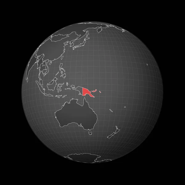 Темний глобус з центром у Папуа - Новій Гвінеї виділений червоним кольором на карті світу супутниковий — стоковий вектор