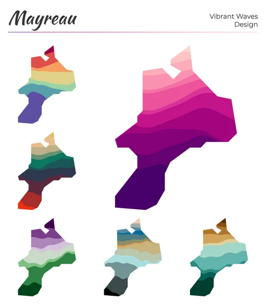 Conjunto de mapas vectoriales de Mayreau Diseño de ondas vibrantes Mapa brillante de la isla en curvas geométricas lisas — Archivo Imágenes Vectoriales