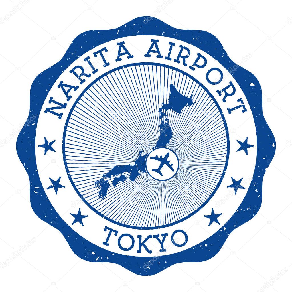 Narita Airport Tokyo stamp Airport of Tokyo round logo with location on Japan map marked by
