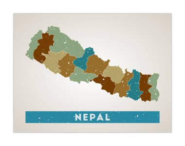 Nepal Harita Ülke posteri ile bölgeler Eski grunge desen şekli Nepal ülke adı ile