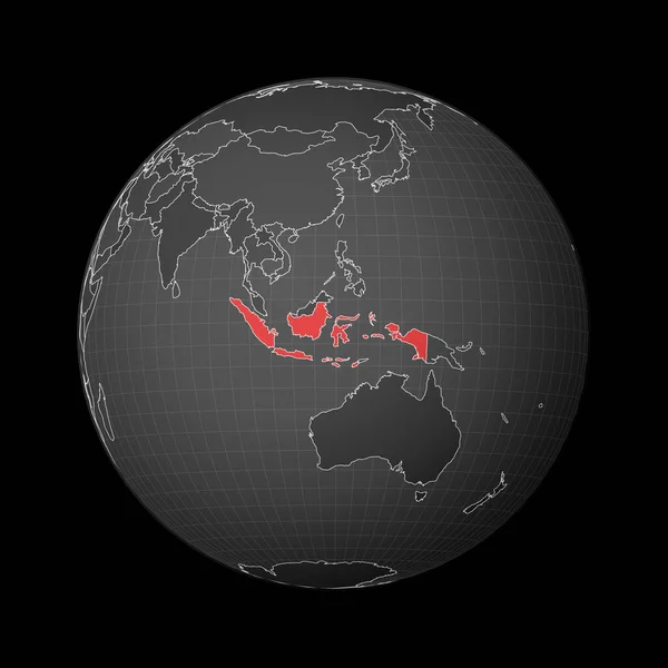 위성 세계 지도에 붉은 색으로 강조 된 인도네시아 나라를 중심으로 어두운 지구 — 스톡 벡터
