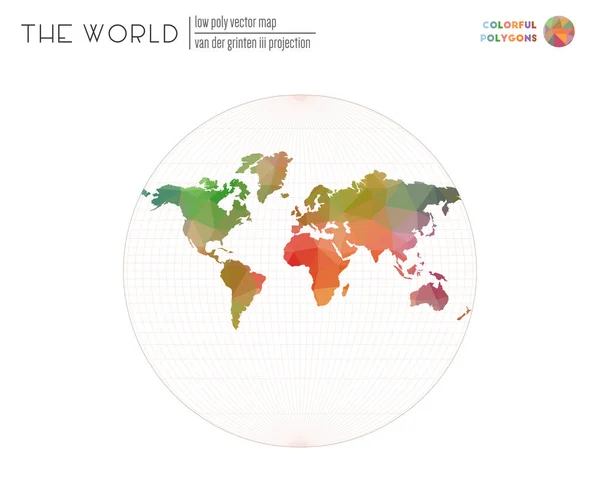 Mappa poligonale del mondo Van der Grinten III proiezione del mondo Poligoni colorati colorati — Vettoriale Stock