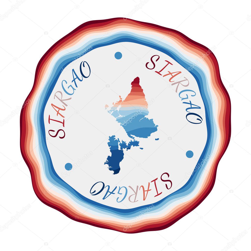 Siargao badge Map of the island with beautiful geometric waves and vibrant red blue frame Vivid