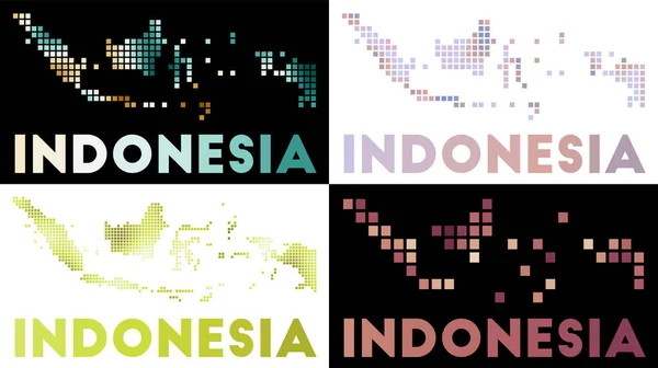 Indonesien Karte Sammlung von Landkarten von Indonesien im punktierten Stil Grenzen des Landes gefüllt mit — Stockvektor