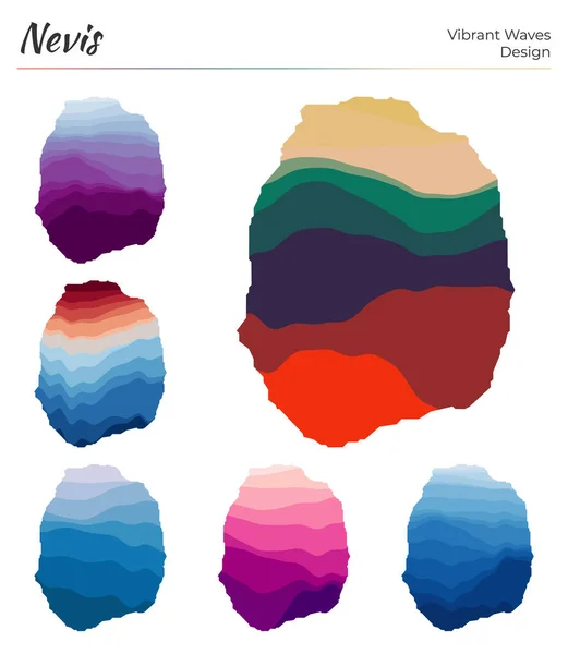 Conjunto de mapas vectoriales de Nevis Diseño de ondas vibrantes Mapa brillante de la isla en curvas geométricas lisas — Archivo Imágenes Vectoriales