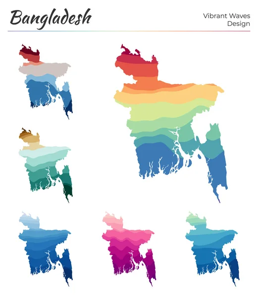 Conjunto de mapas vetoriais de Bangladesh Design de ondas vibrantes Mapa brilhante do país em geométrico liso — Vetor de Stock