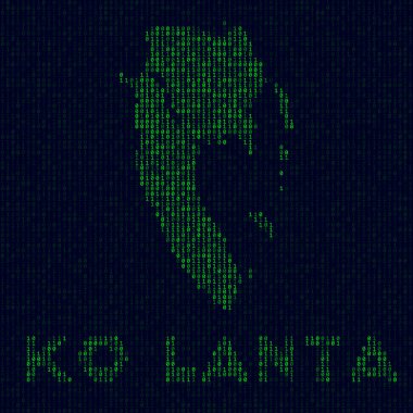 Dijital Ko Lanta logo adası sembolü hacker stili ikili kod haritası ile Ko Lanta 'nın ada adıyla