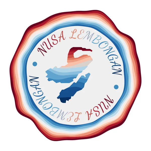 Insignia de Nusa Lembongan Mapa de la isla con hermosas olas geométricas y vibrante marco azul rojo — Vector de stock